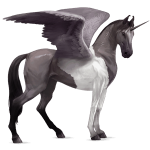geflügeltes einhorn-reitpferd mausgrauer mit tobiano-scheckung